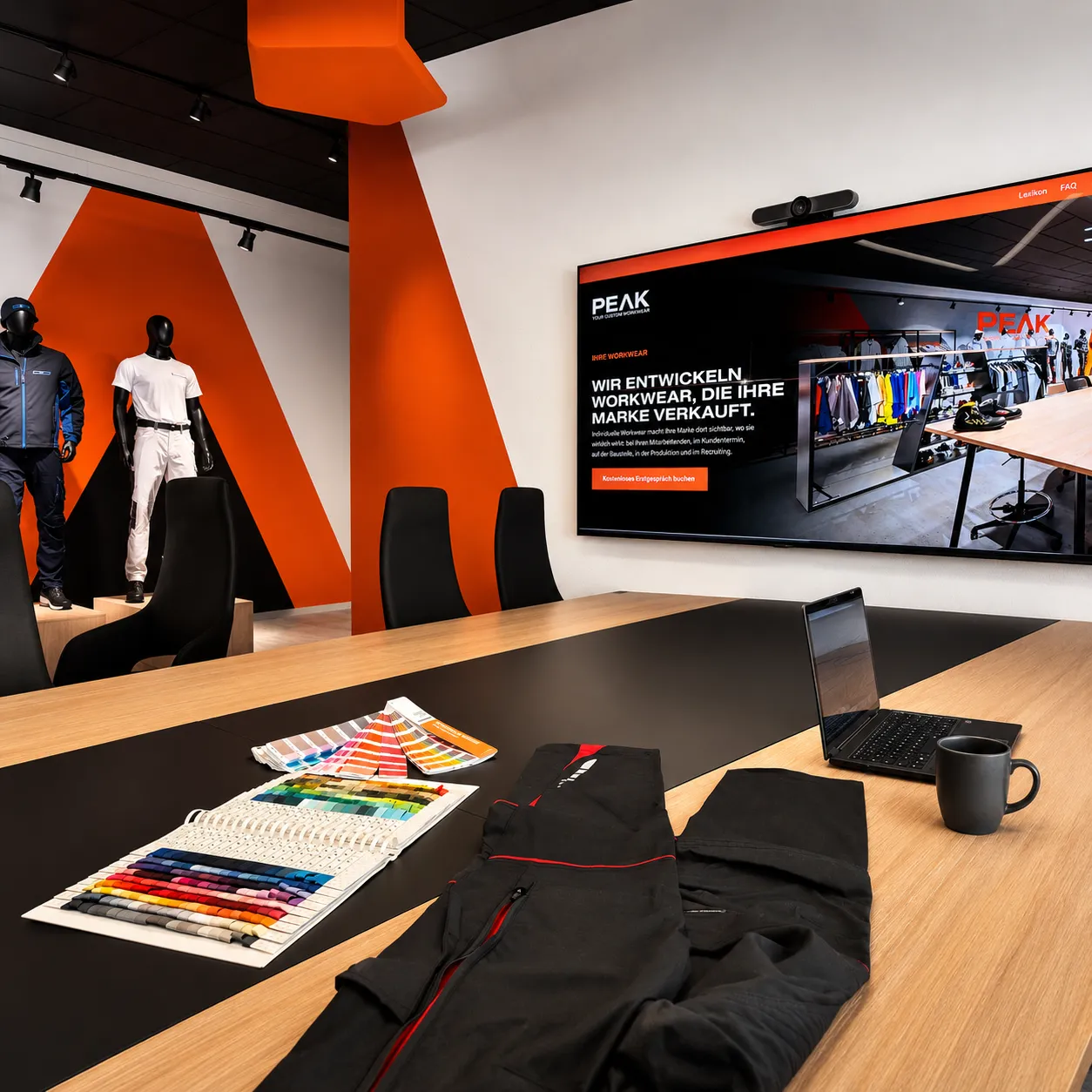 Konferenztisch mit Farbfächern und Hose